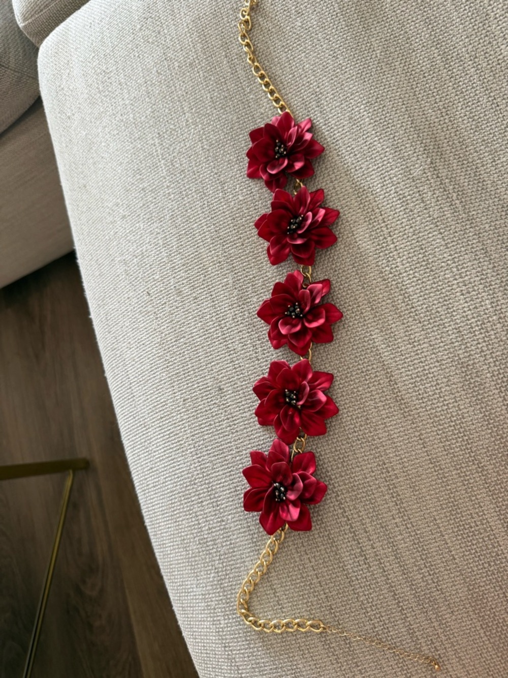 Red Floral Statement Necklace with Gold Chain